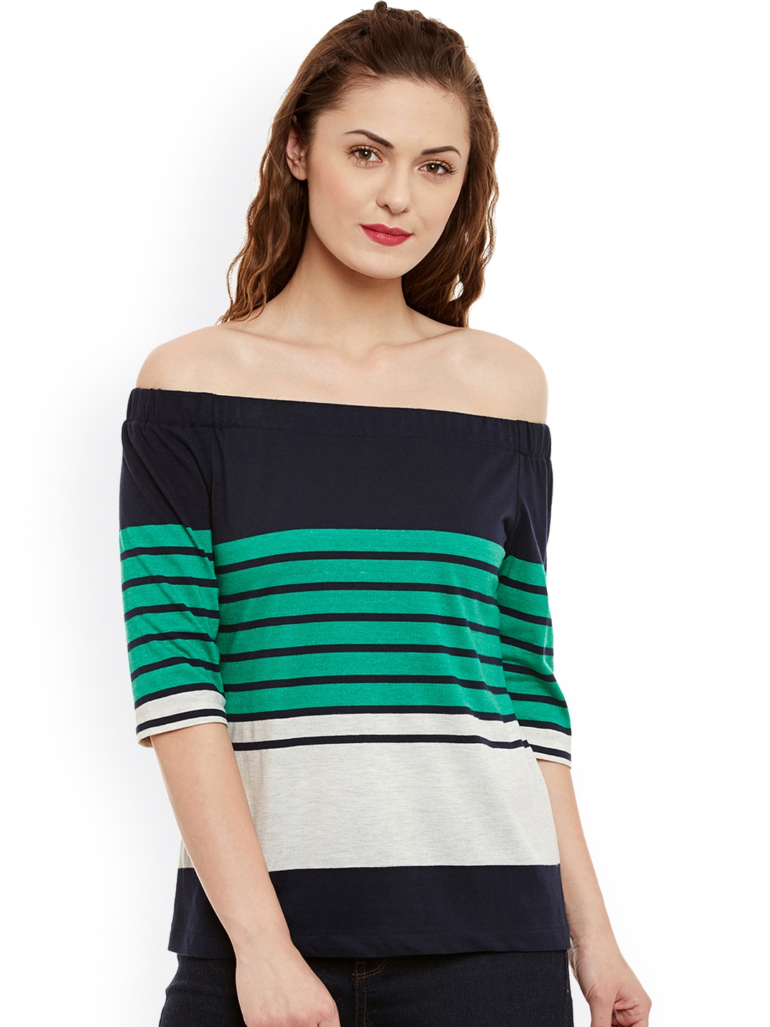 

Miss Chase Green & White Striped Bardot Pure Cotton Top