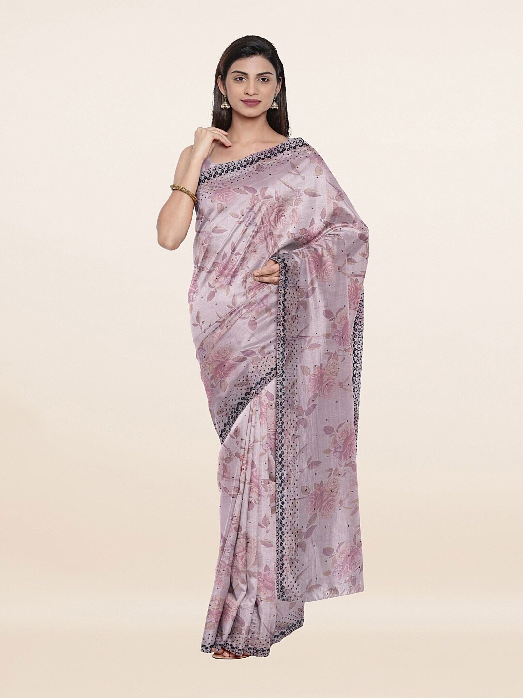 

Pothys Peach-Coloured & Purple Floral Beads and Stones Saree