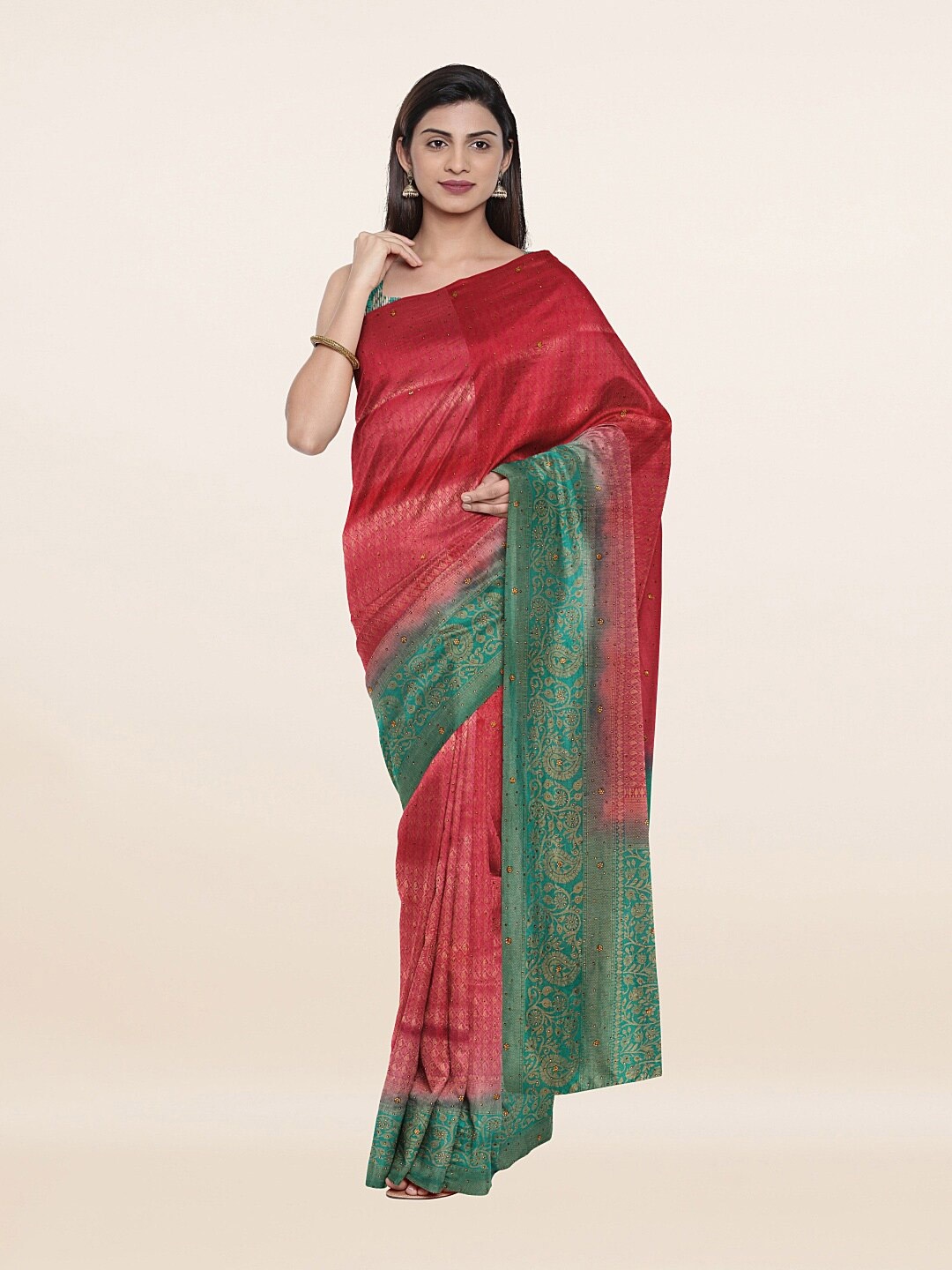 

Pothys Pink & Green Woven Design Embellished Pure Silk Banarasi Saree