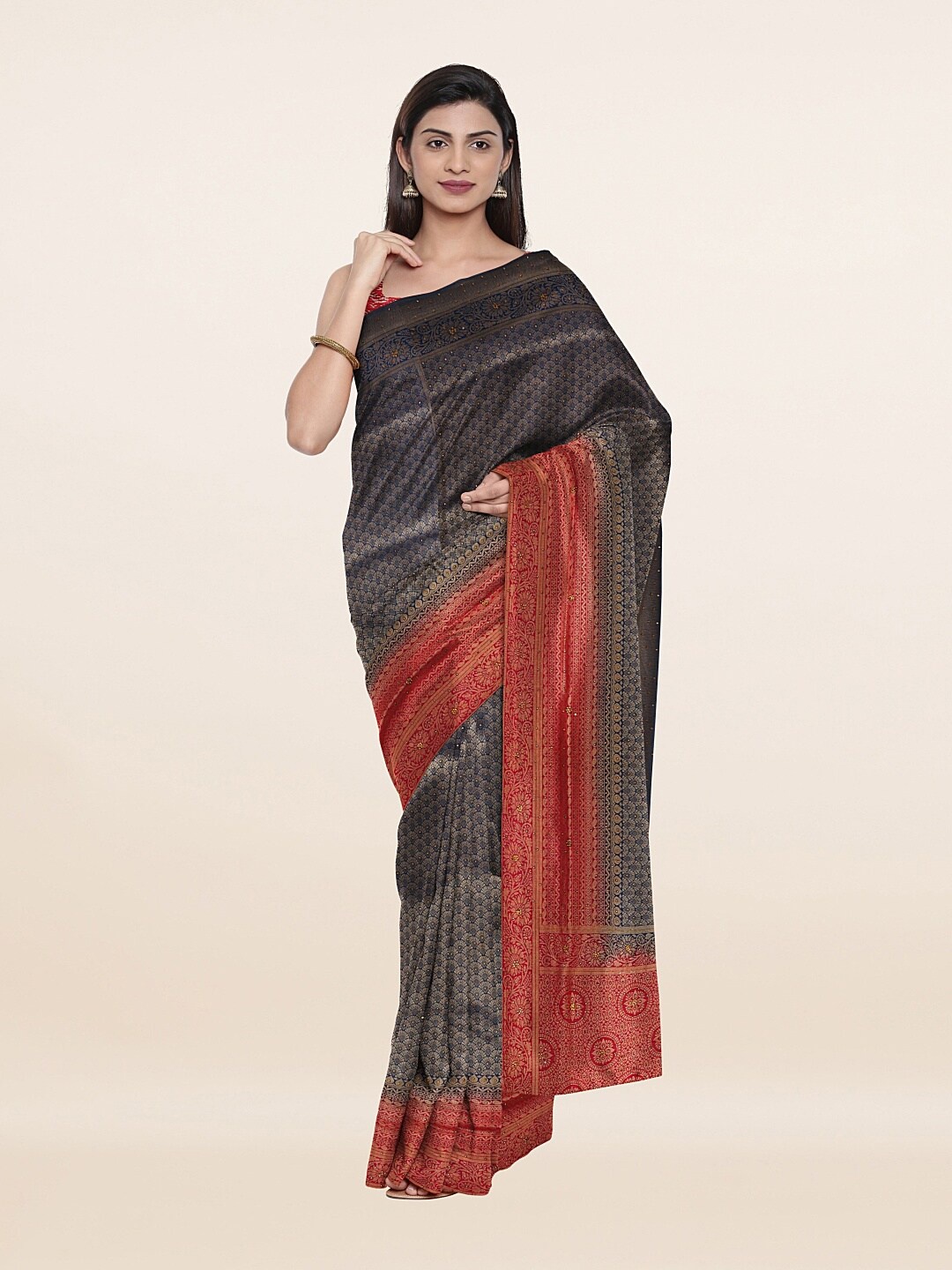 

Pothys Navy Blue & Red Woven Design Embellished Pure Silk Banarasi Saree