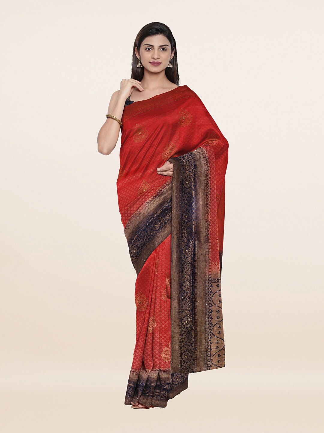 

Pothys Pink & Navy Blue Woven Design Embellished Pure Silk Banarasi Saree