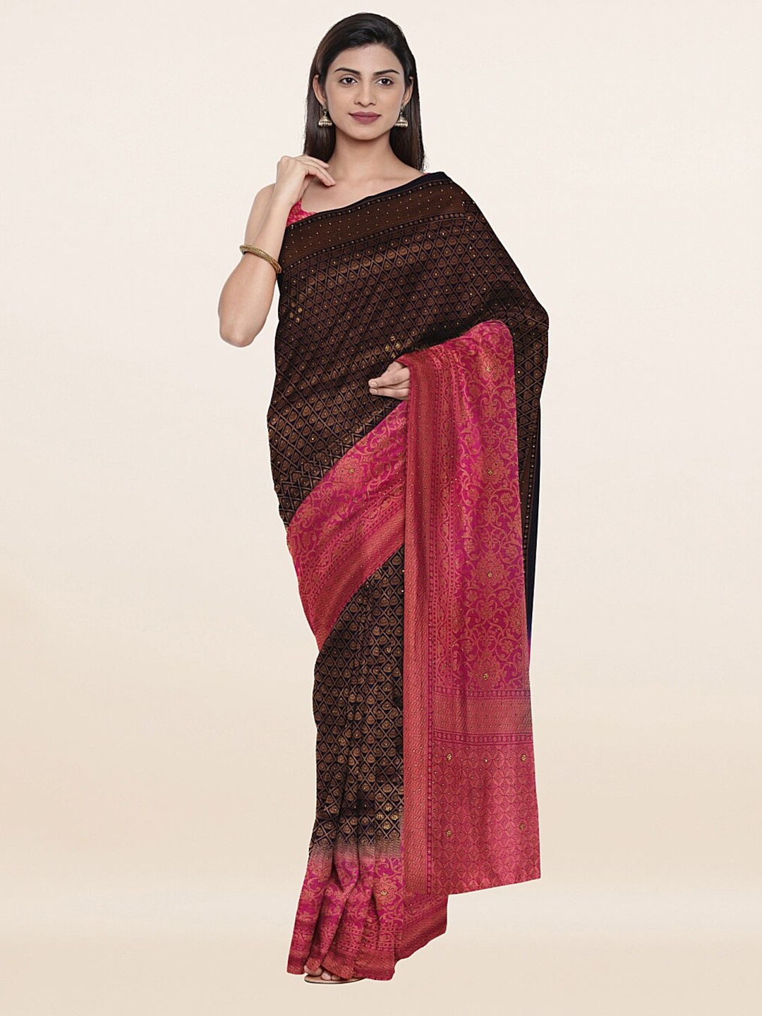 

Pothys Navy Blue & Pink Woven Design Beads and Stones Pure Silk Banarasi Saree