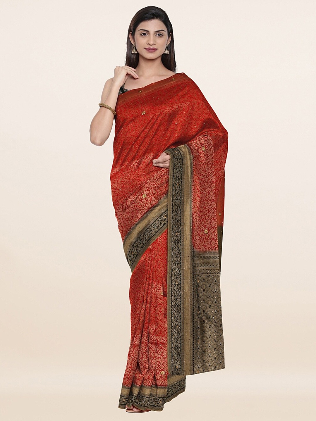 

Pothys Red & Black Woven Design Embellished Pure Silk Banarasi Saree