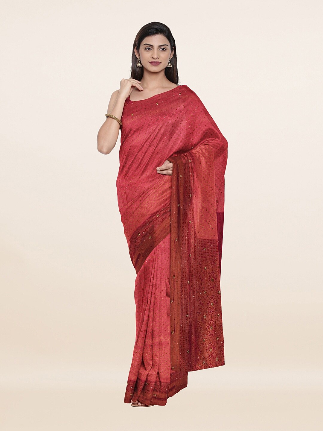 

Pothys Pink Woven Design Embellished Pure Silk Banarasi Saree