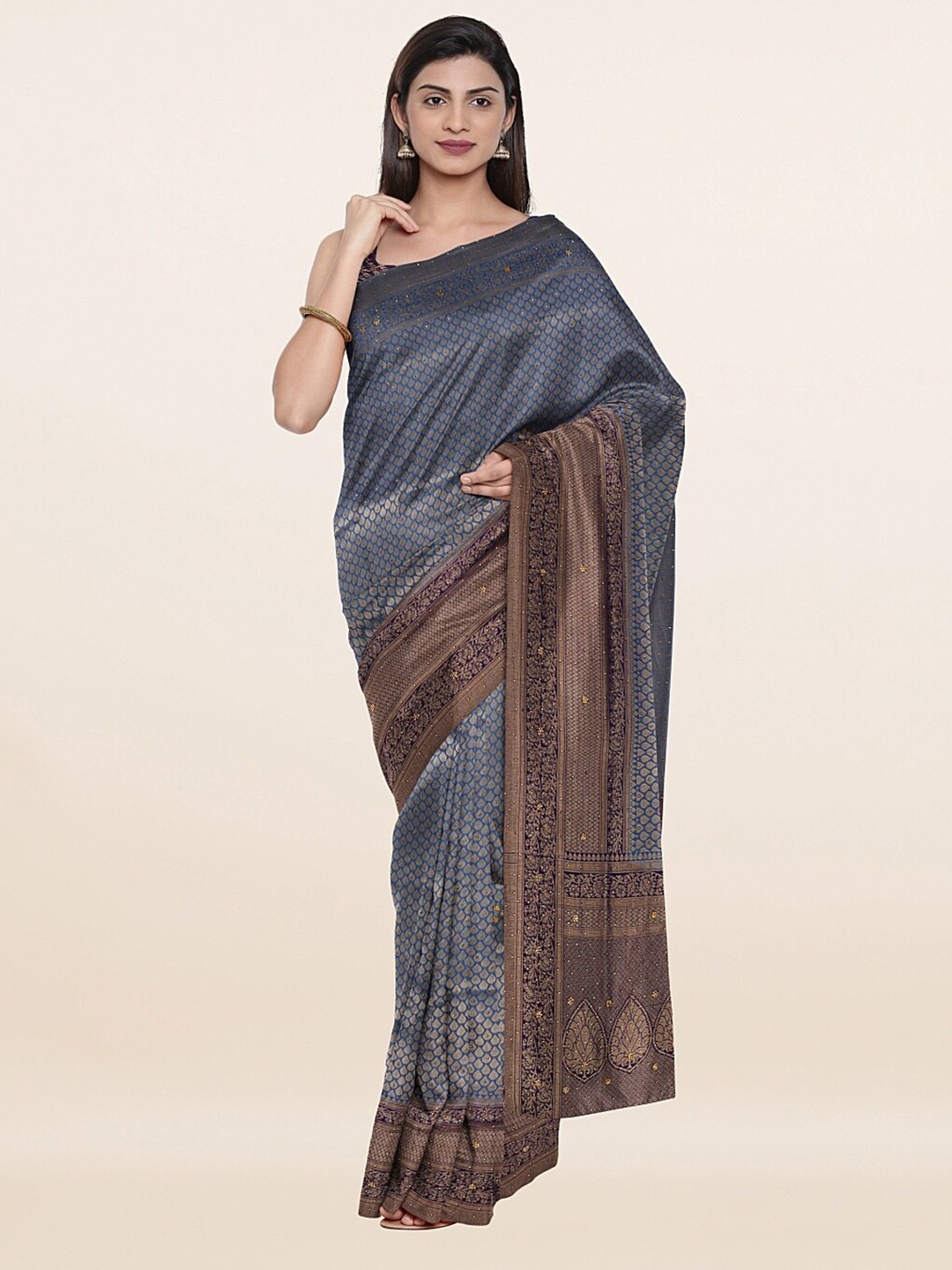 

Pothys Blue & Gold-Toned Woven Embellished Pure Silk Banarasi Saree