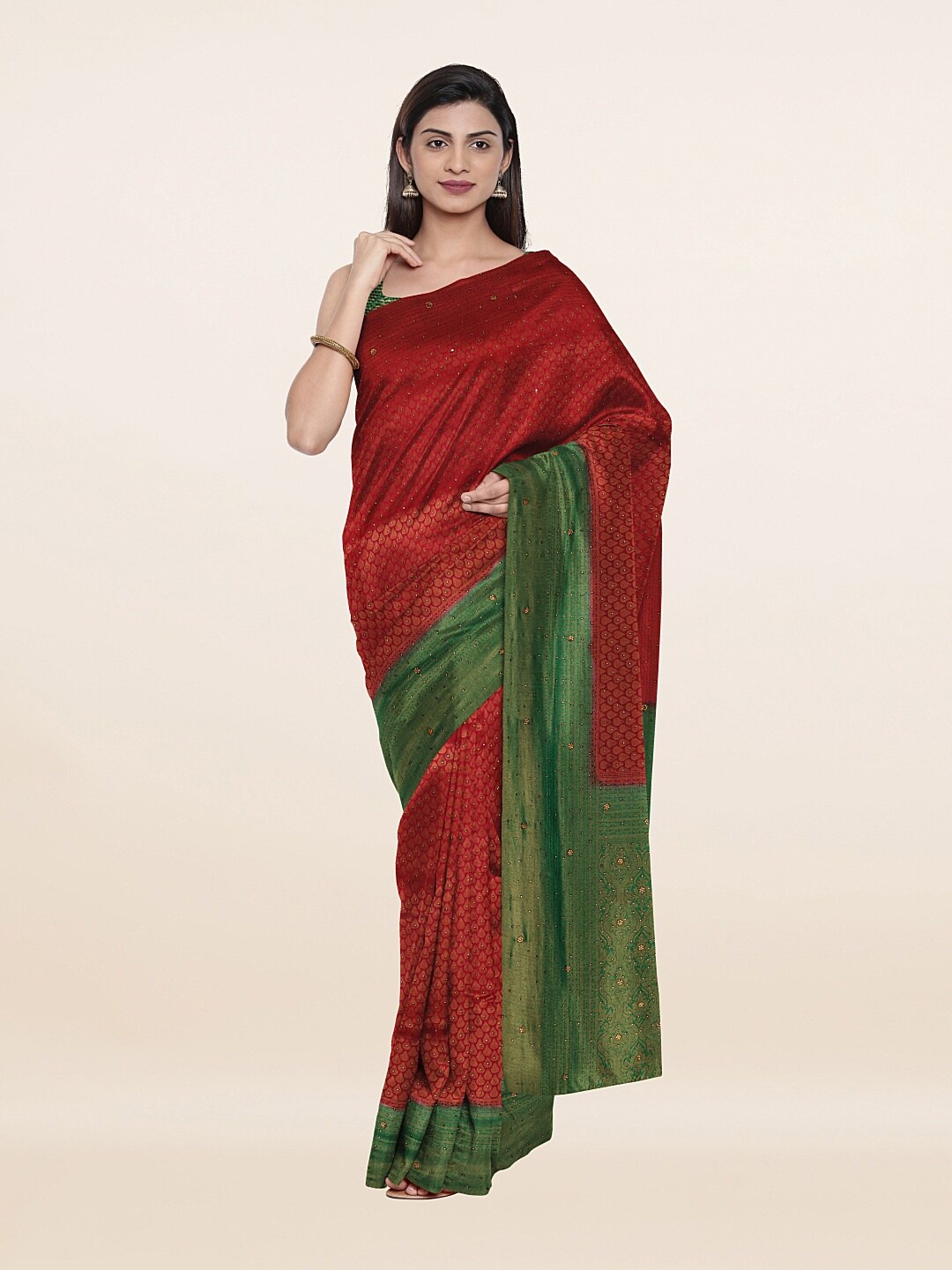 

Pothys Maroon & Green Woven Design Embellished Pure Silk Banarasi Saree