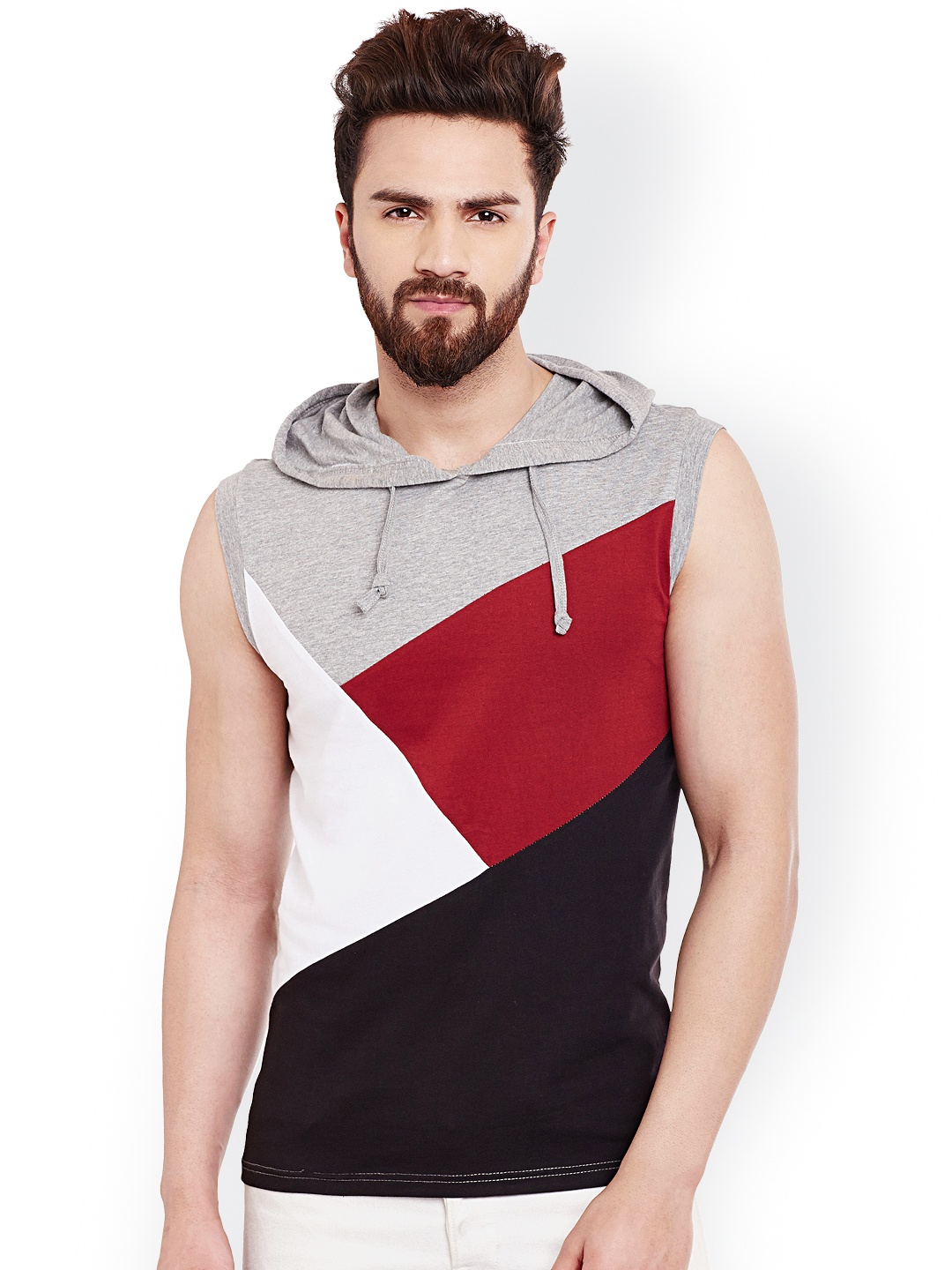 

GRITSTONES Men Grey & Black Colourblocked Hooded T-shirt