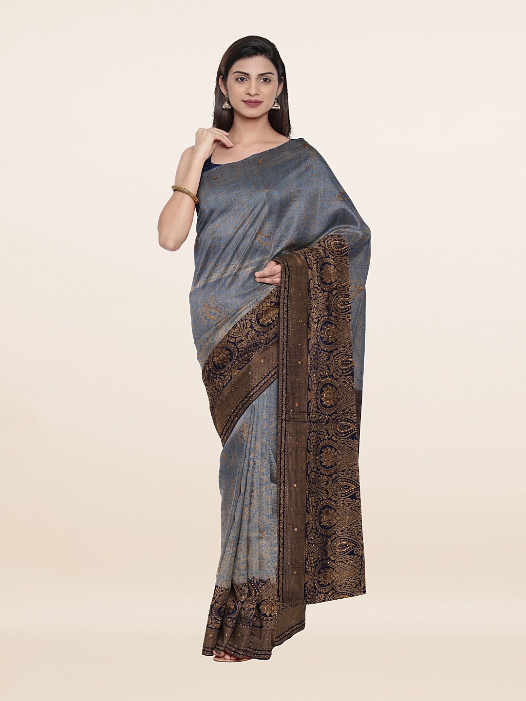 

Pothys Grey & Blue Woven Design Embellished Pure Silk Banarasi Saree