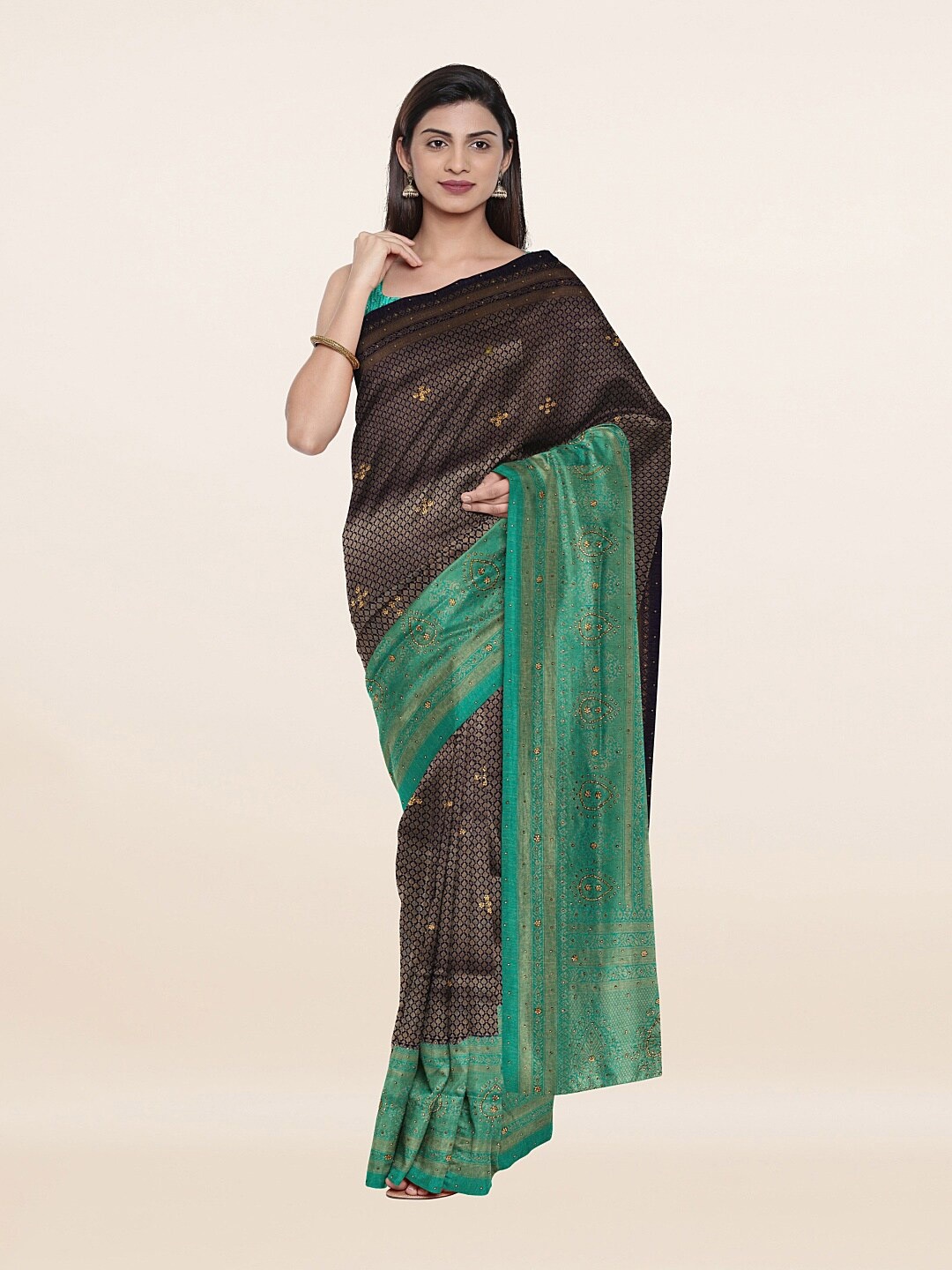 

Pothys Navy Blue & Green Woven Design Embellished Pure Silk Banarasi Saree