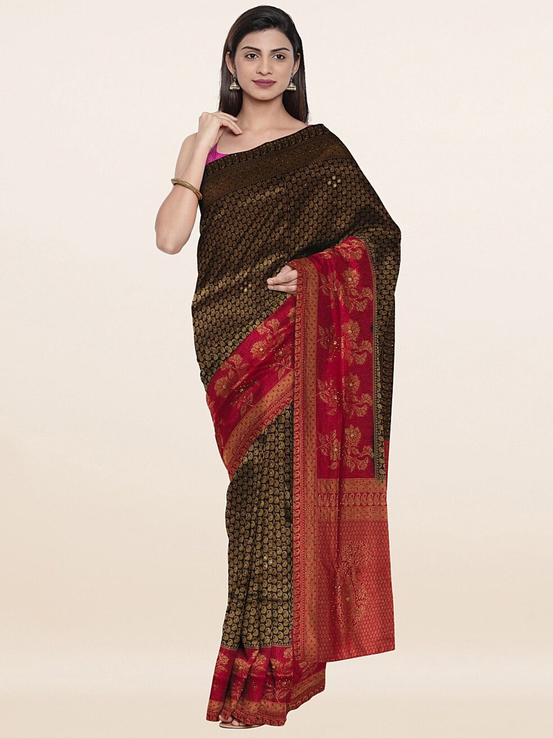 

Pothys Blue & Red Woven Design Embellished Silk Banarasi Saree
