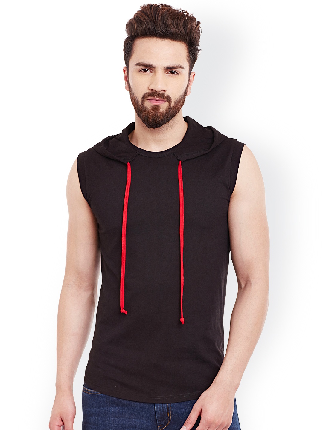 

GRITSTONES Men Black Hooded Sleeveless T-shirt