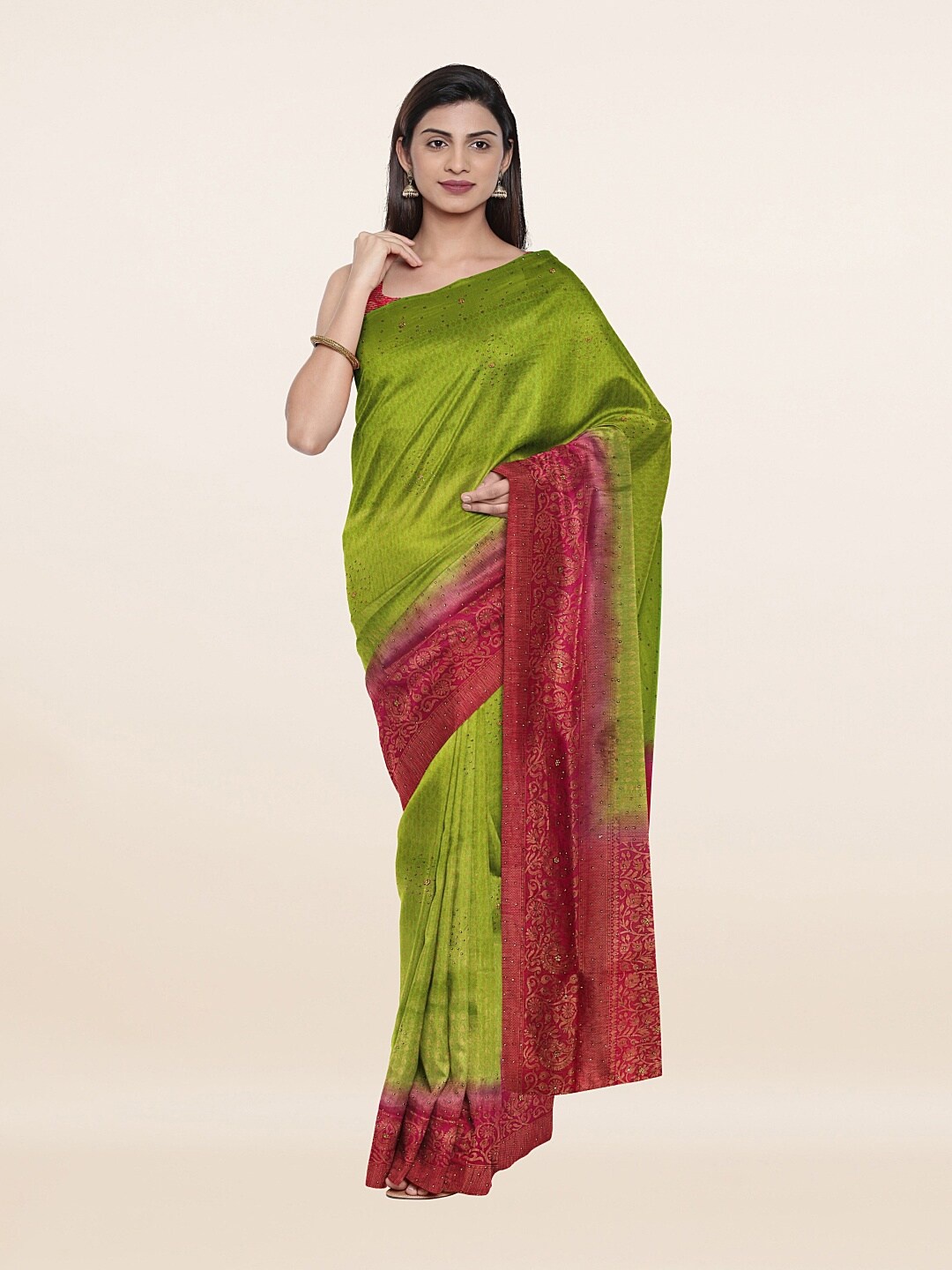 

Pothys Green & Magenta Woven Design Embellished Pure Silk Banarasi Saree