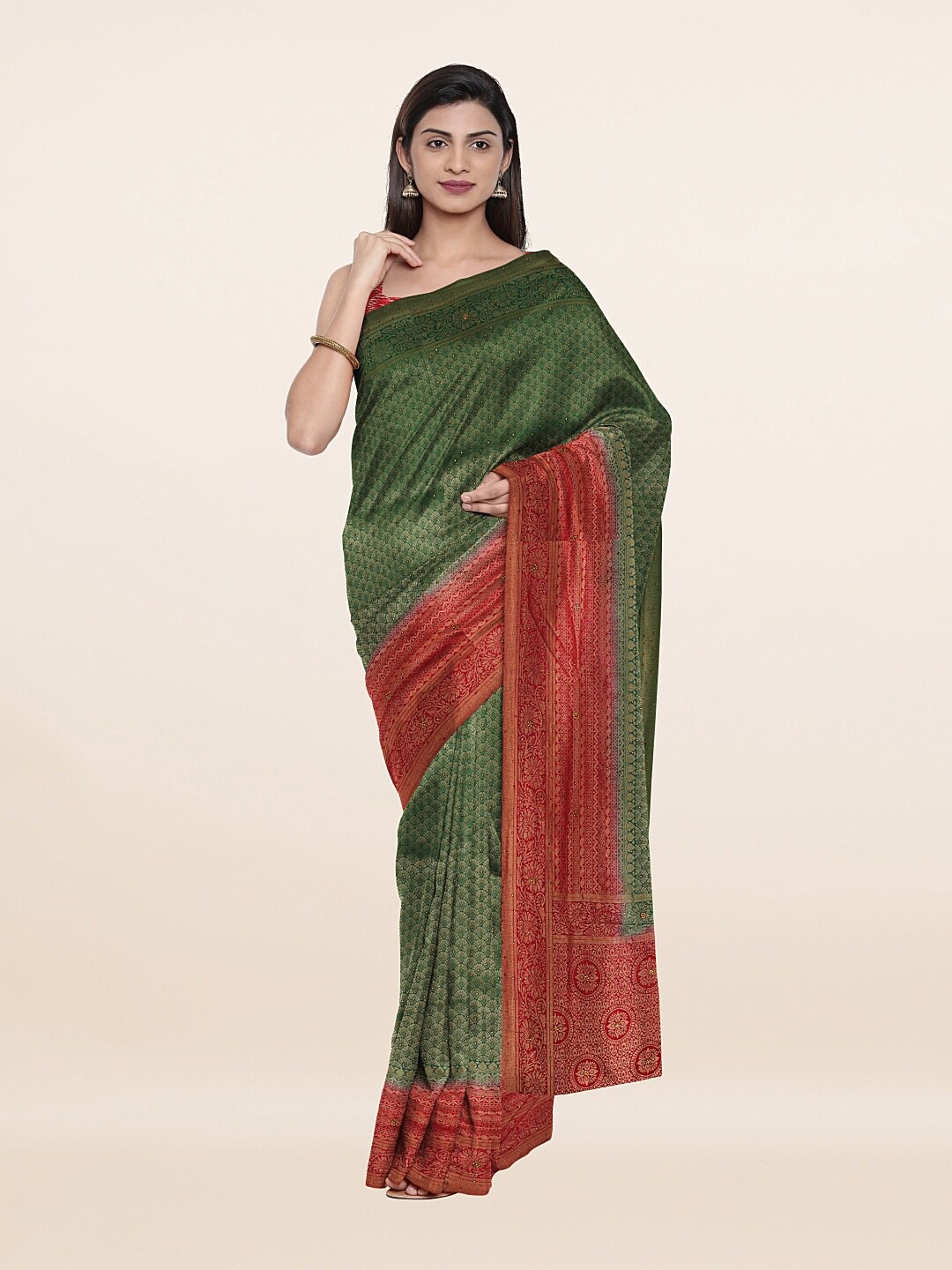 

Pothys Green & Red Woven Design Embellished Pure Silk Banarasi Saree