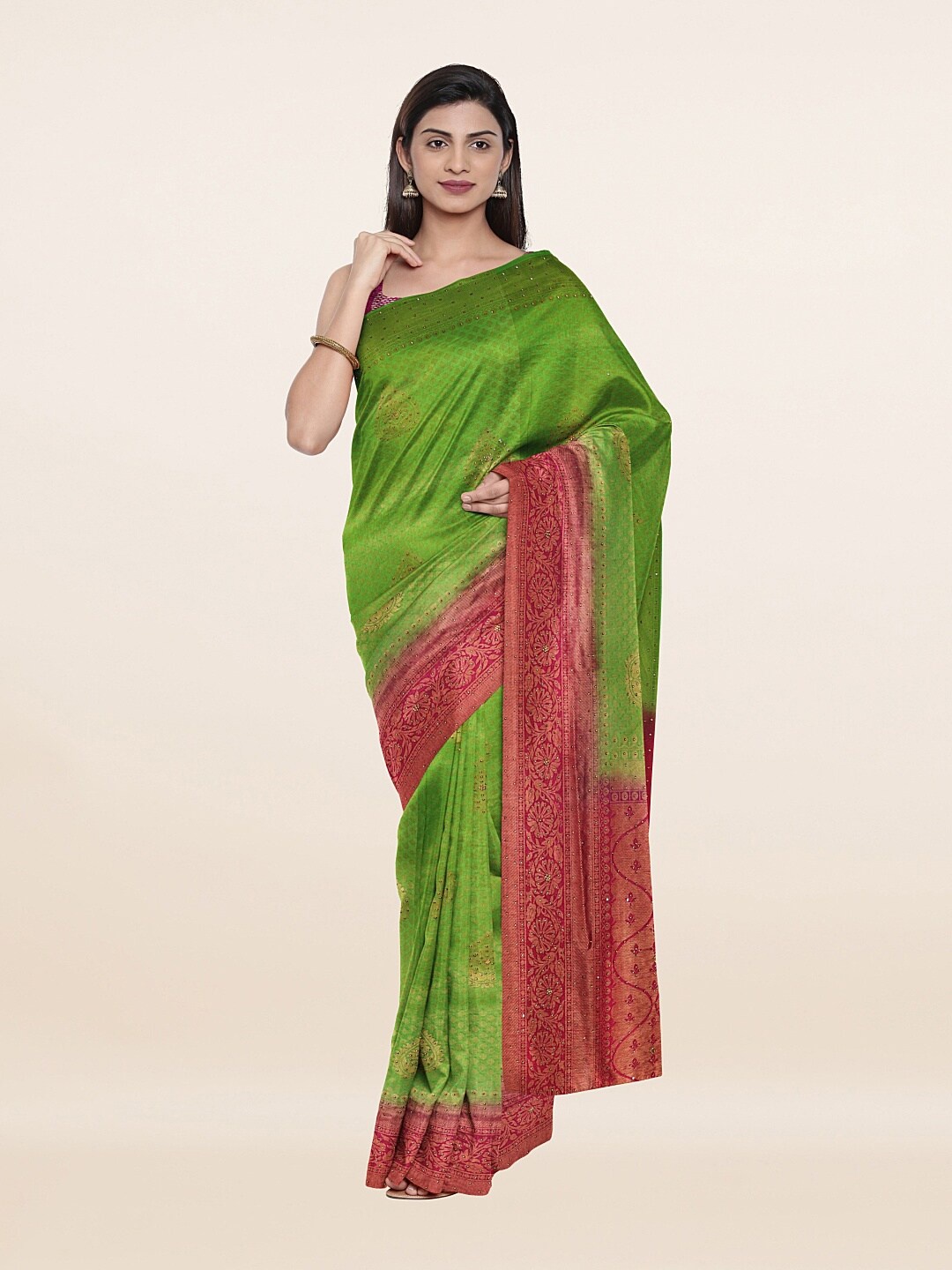 

Pothys Green & Red Woven Design Embellished Pure Silk Banarasi Saree