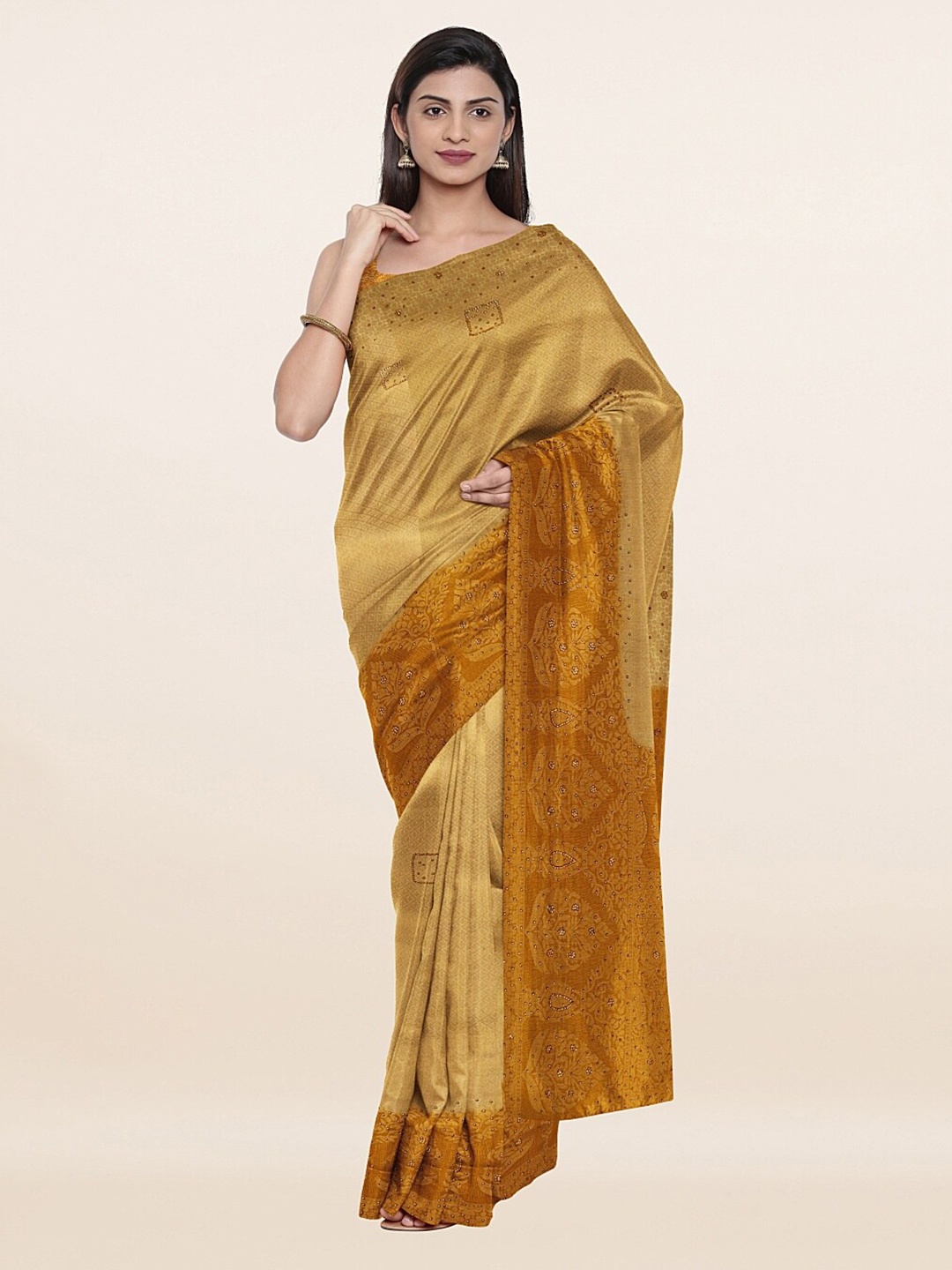 

Pothys Cream-Coloured & Gold-Toned Woven Design Embellished Pure Silk Banarasi Saree