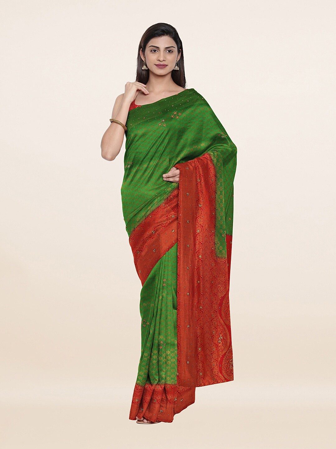 

Pothys Green & Red Woven Design Embellished Pure Silk Banarasi Saree