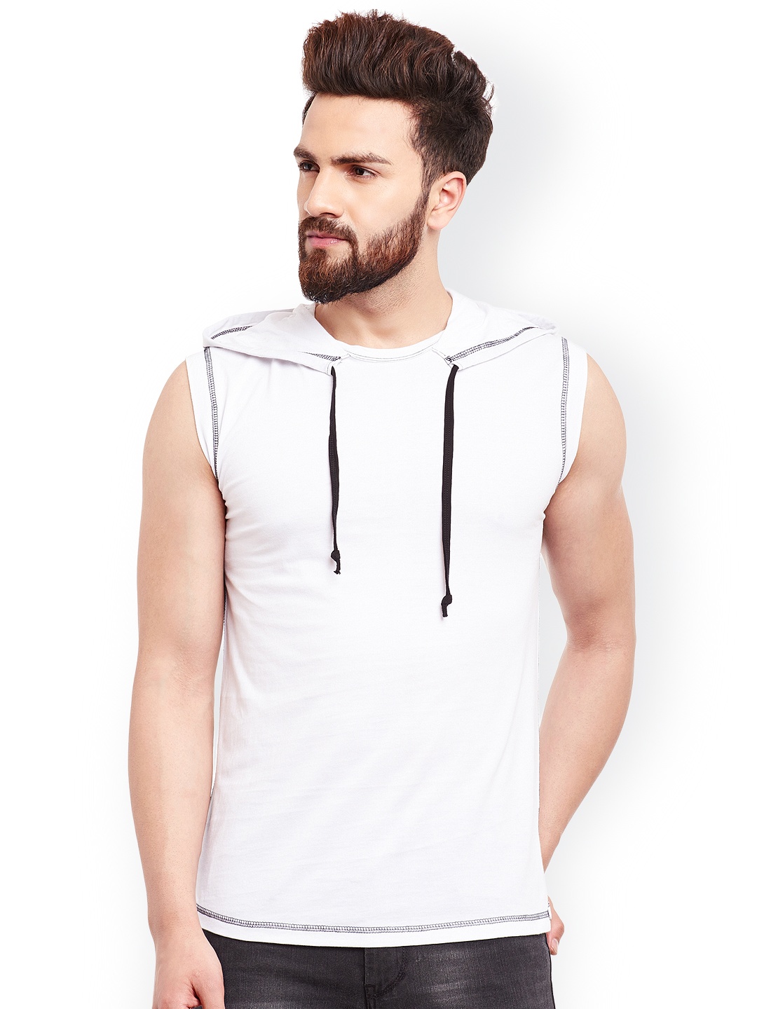 

GRITSTONES Men White Hooded Sleeveless T-shirt