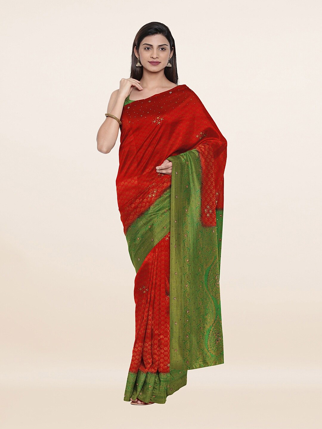 

Pothys Red & Green Woven Design Beads and Stones Pure Silk Saree