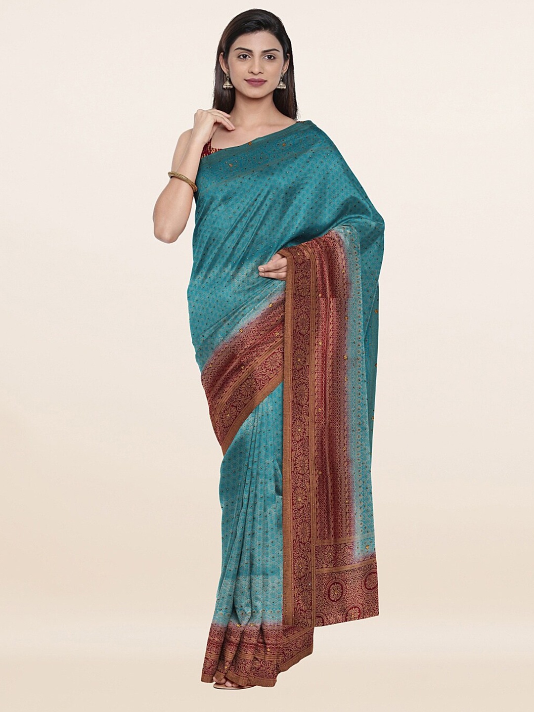 

Pothys Blue & Brown Woven Design Embellished Pure Silk Banarasi Saree