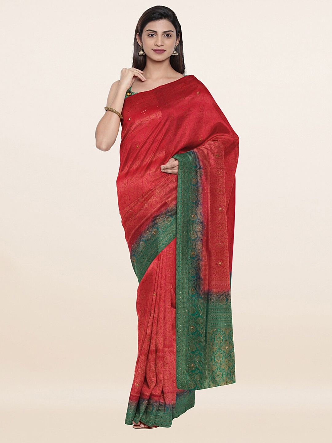

Pothys Pink & Green Ethnic Motifs Beads and Stones Pure Silk Banarasi Saree