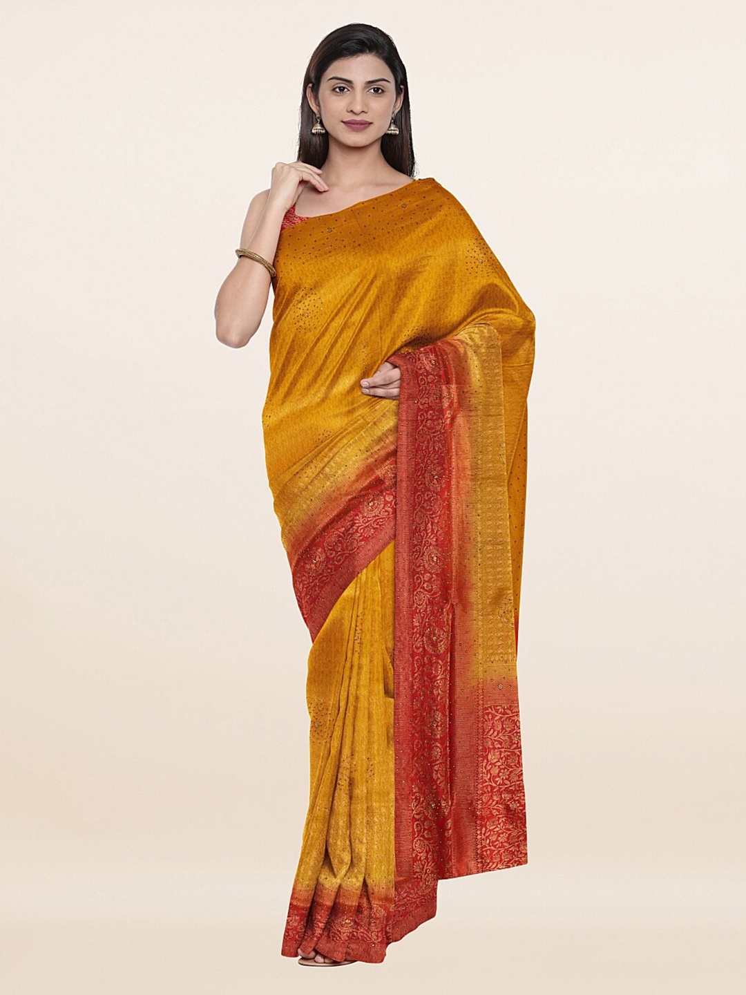 

Pothys Yellow & Red Paisley Beads and Stones Pure Silk Saree