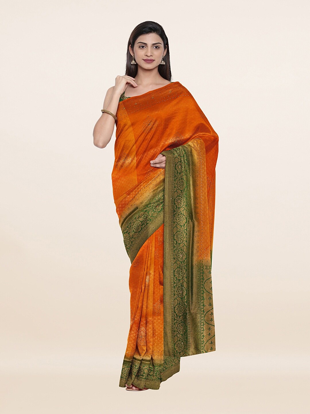 

Pothys Orange & Green Ethnic Motifs Beads and Stones Pure Silk Banarasi Saree