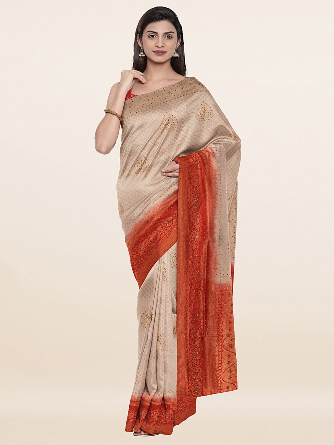 

Pothys Cream-Coloured & Red Ethnic Motifs Beads and Stones Pure Silk Banarasi Saree