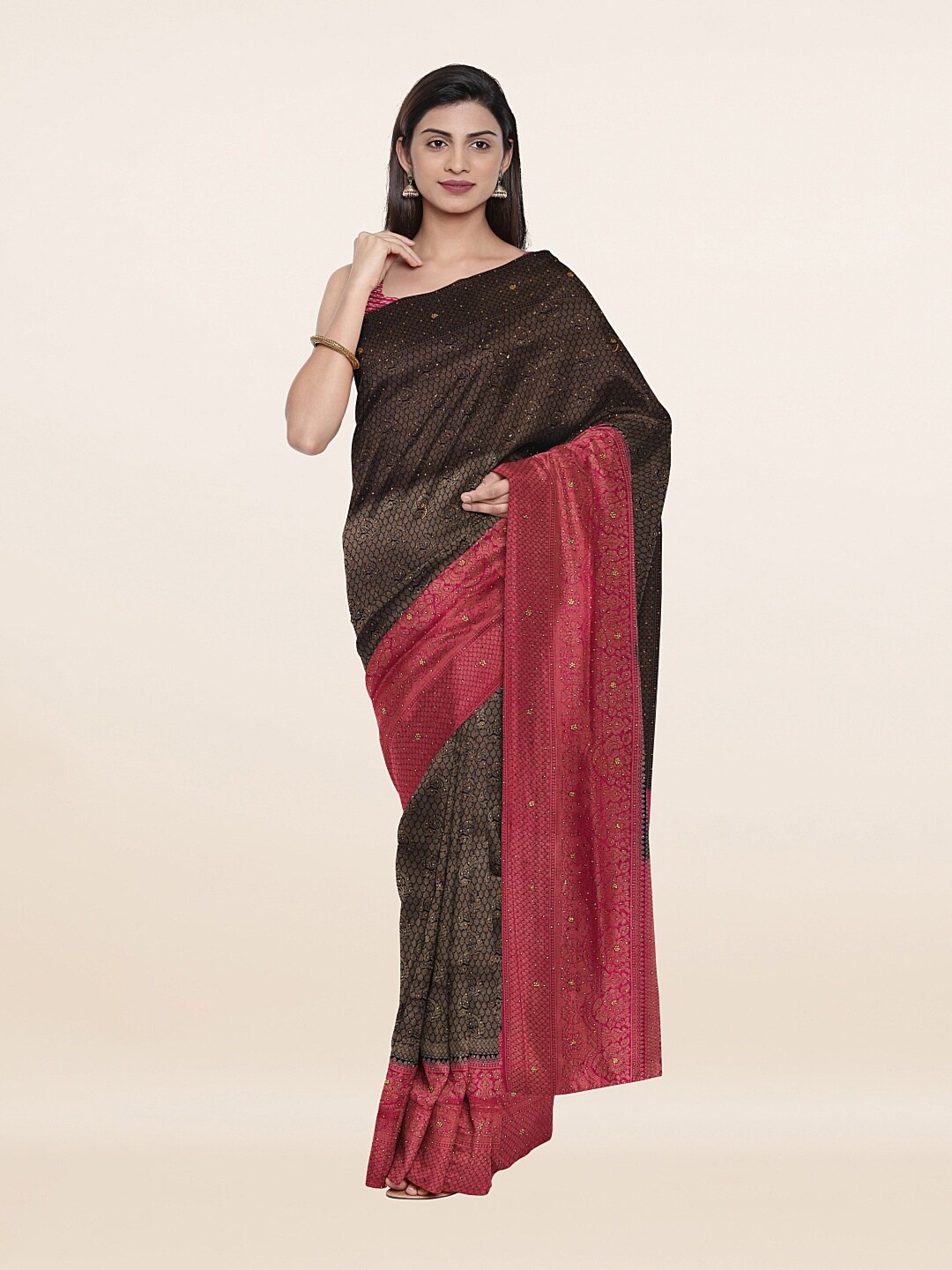 

Pothys Brown & Pink Woven Design Beads and Stones Pure Silk Saree