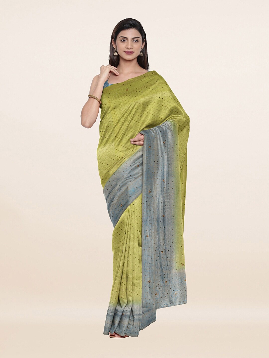 

Pothys Green & Grey Woven Design Beads and Stones Pure Silk Saree