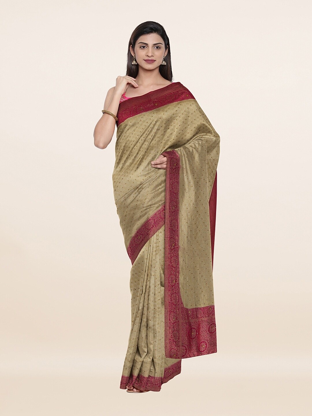 

Pothys Cream-Coloured & Magenta Ethnic Motifs Beads Pure Silk Saree