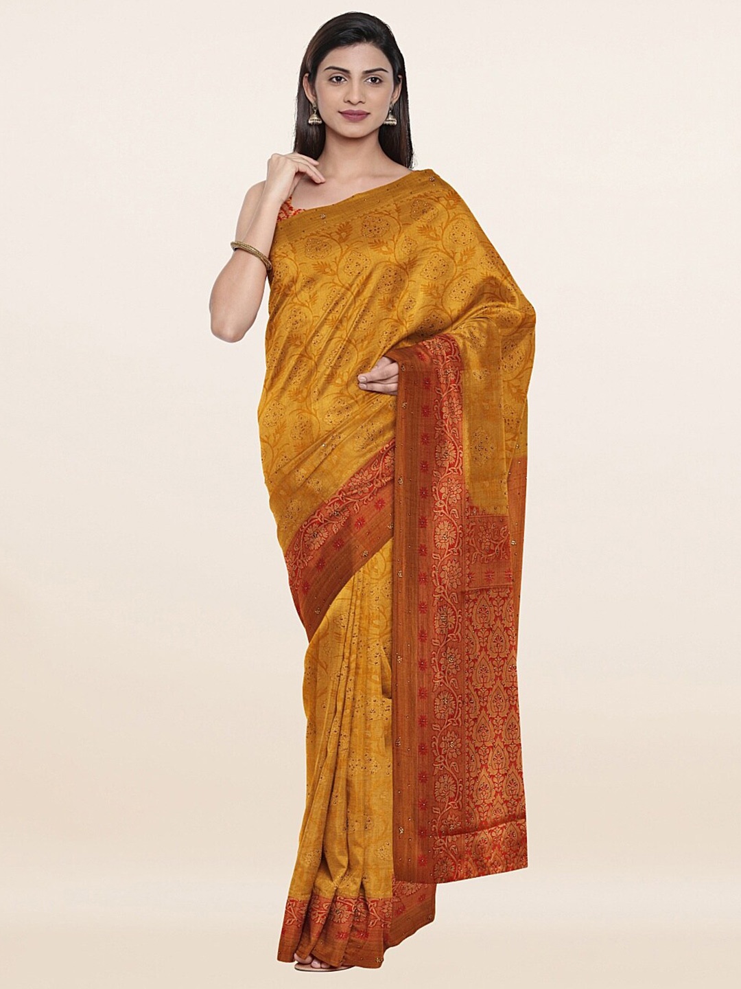 

Pothys Yellow & Gold-Toned Woven Design Beads and Stones Pure Silk Saree