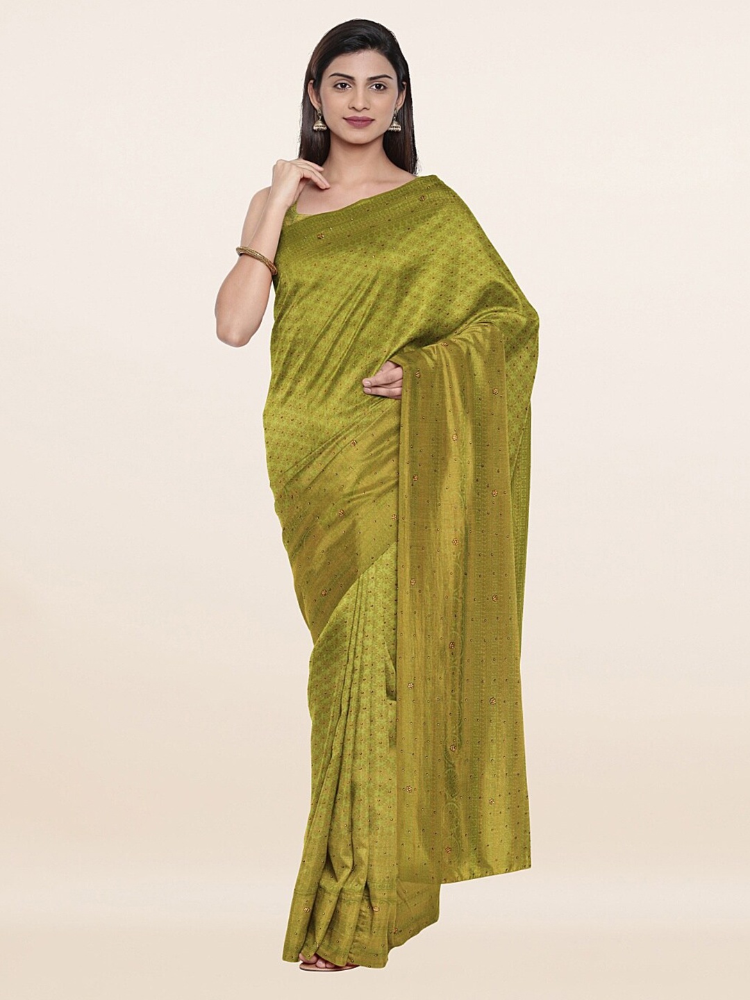 

Pothys Green & Gold-Toned Ethnic Motifs Beads and Stones Pure Silk Banarasi Saree