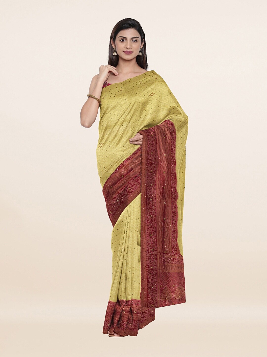 

Pothys Green & Purple Woven Design Beads and Stones Pure Silk Saree