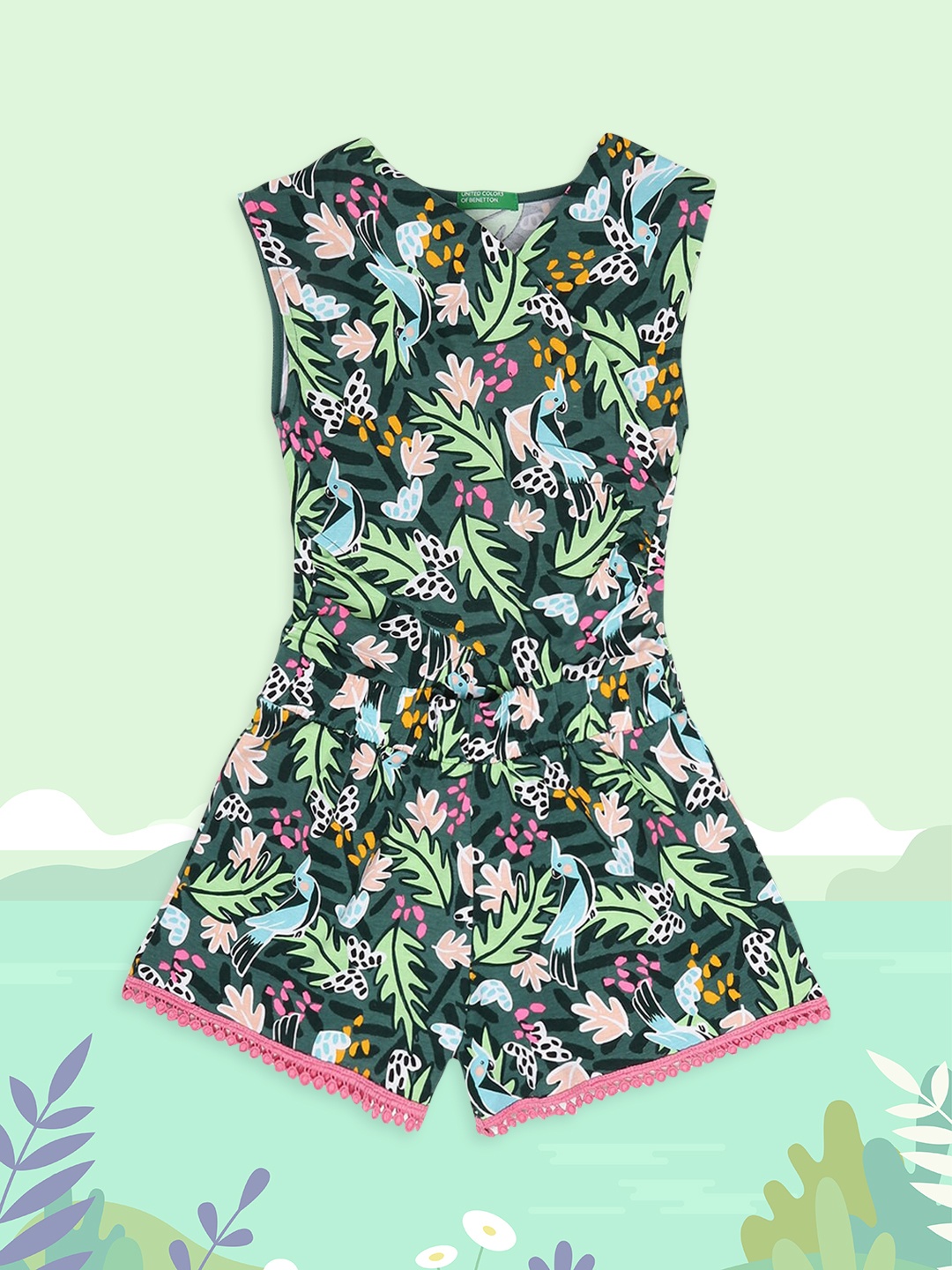 United Colors of Benetton Girls Green & Blue Printed Cotton Dungaree