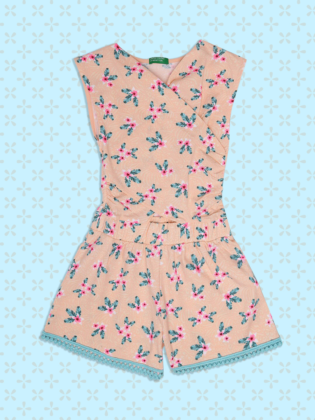 

United Colors of Benetton Girls Peach & Green Printed Cotton Dungarees