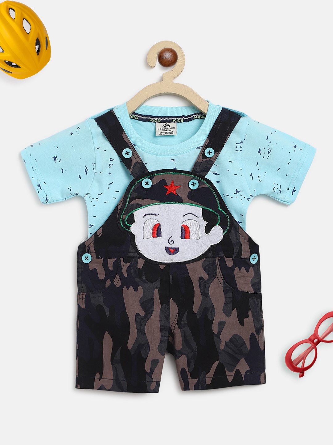 

HOMEGROWN Infant Boys Green & Blue Printed Dungaree With T-Shirt