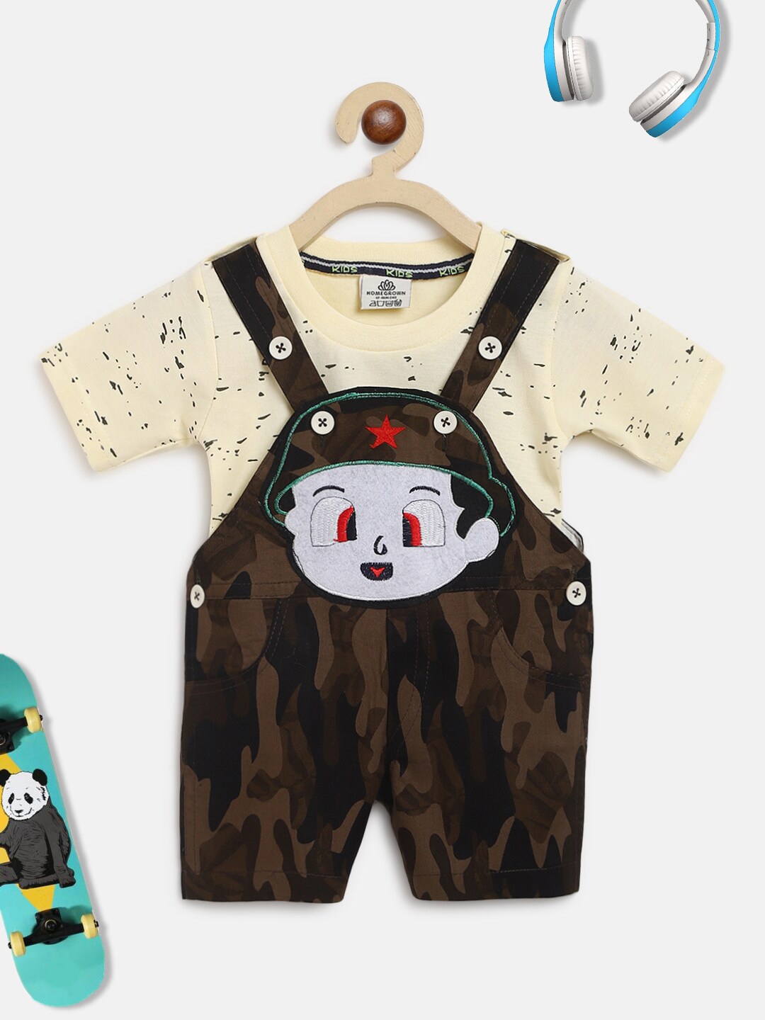 

HOMEGROWN Boys Off-White Printed Pure Cotton Dungarees