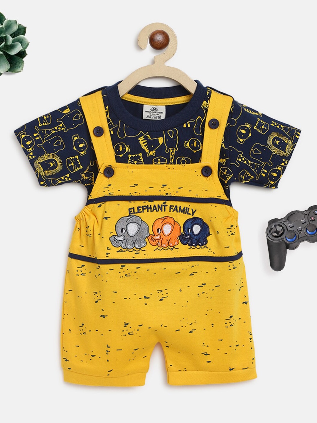 

HOMEGROWN Infant Boys Blue & yellow Printed Tapered-Fit Cotton Dungarees