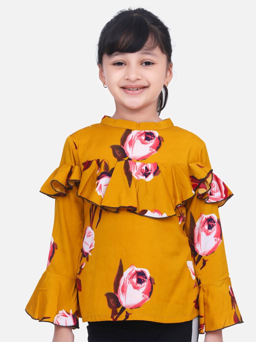 

Cutiekins Mustard Yellow Print Ruffles Crepe Blouson Top