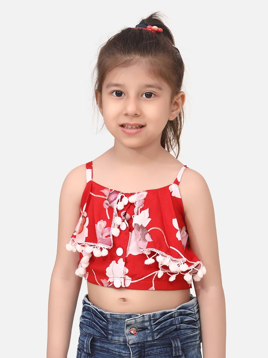 

Cutiekins Red Floral Print Ruffles Crepe Crop Top