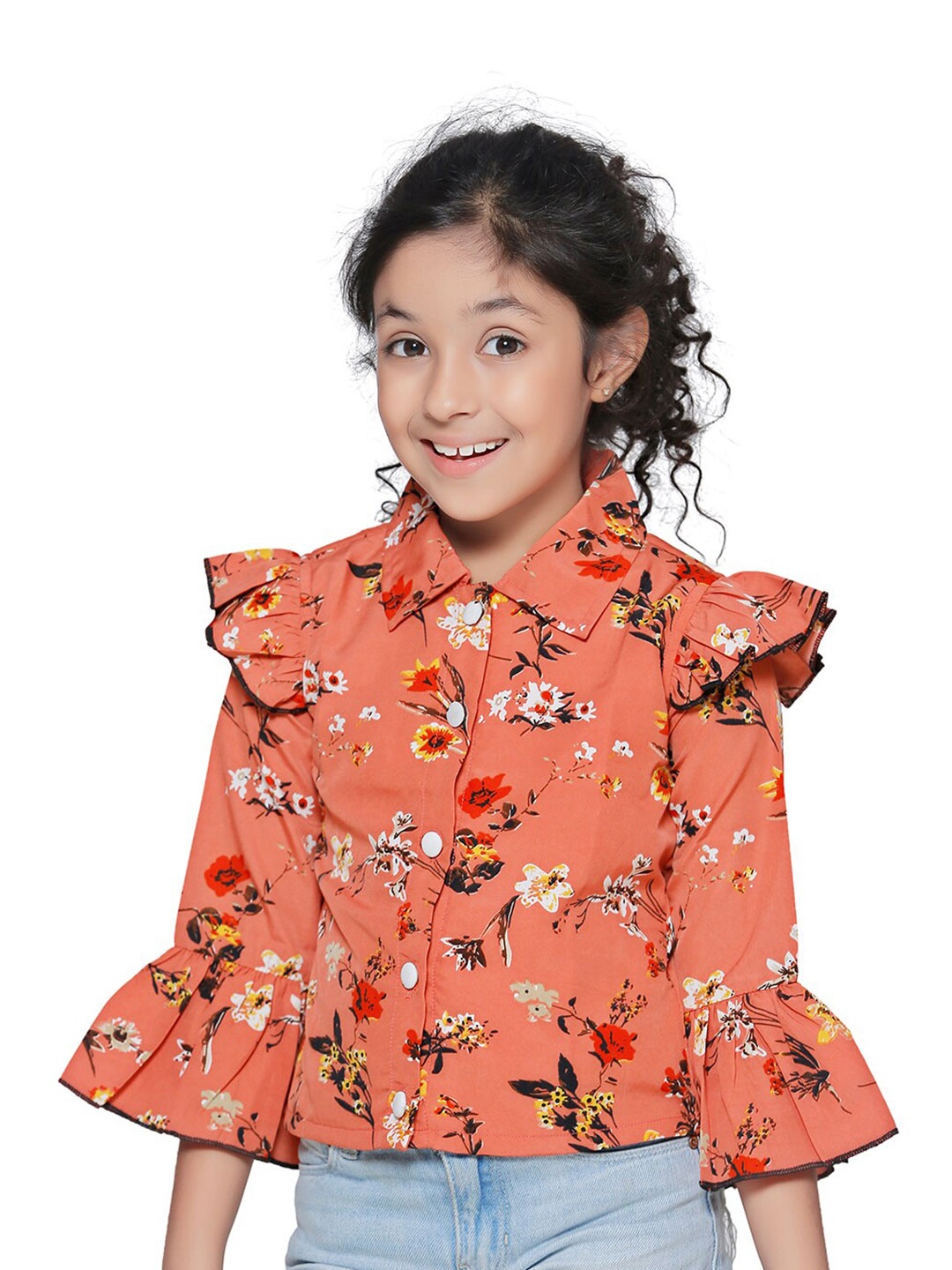 

Cutiekins Rust Floral Print Ruffles Crepe Top