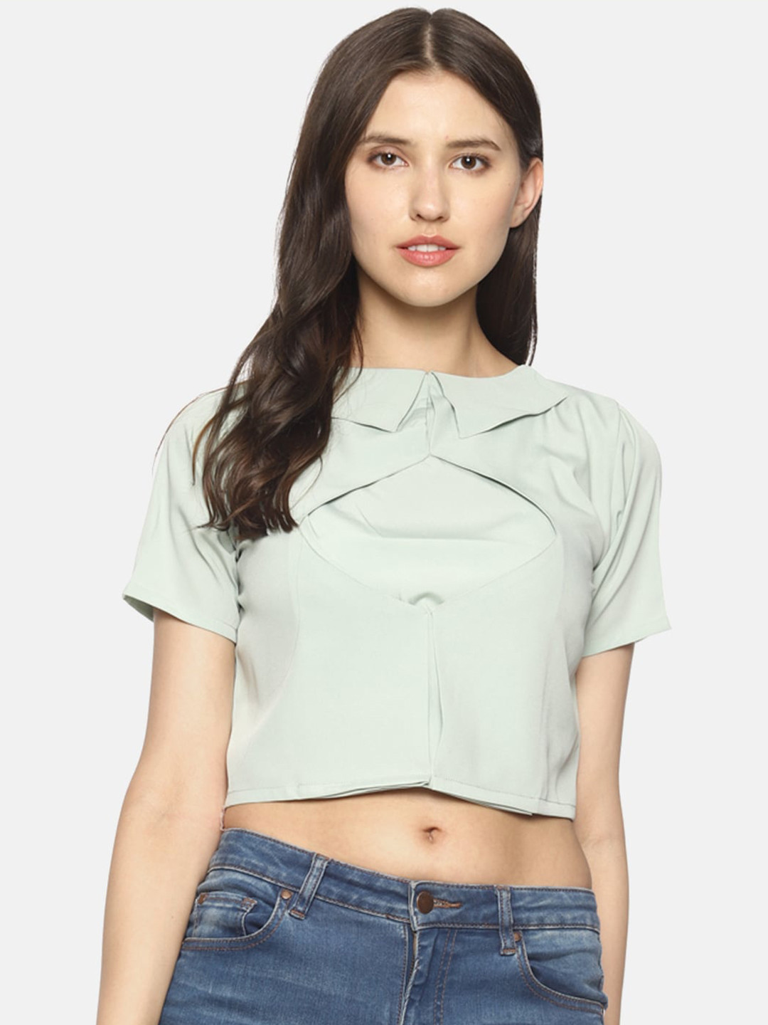 

COUPER & COLL Green Peter Pan Collar Crepe Crop Top