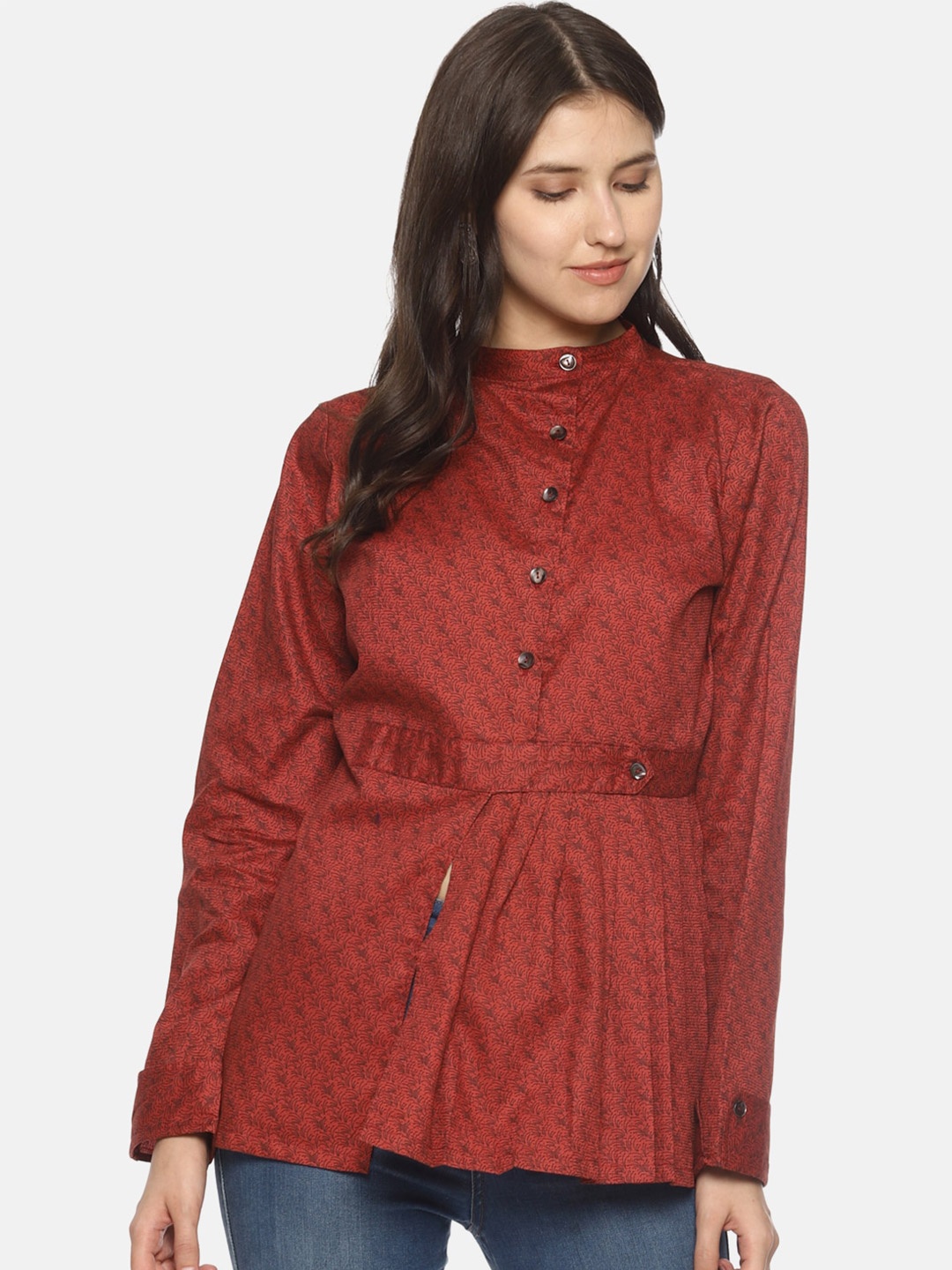 

COUPER & COLL Red & Black Print Mandarin Collar Shirt Style Top