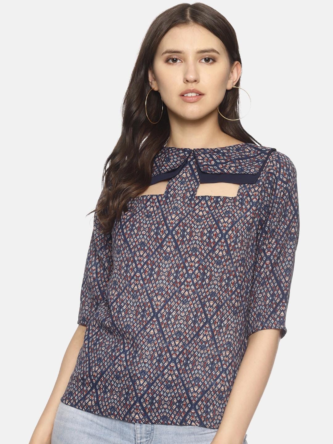 

COUPER & COLL Blue Geometric Print Halter Neck Crepe Top