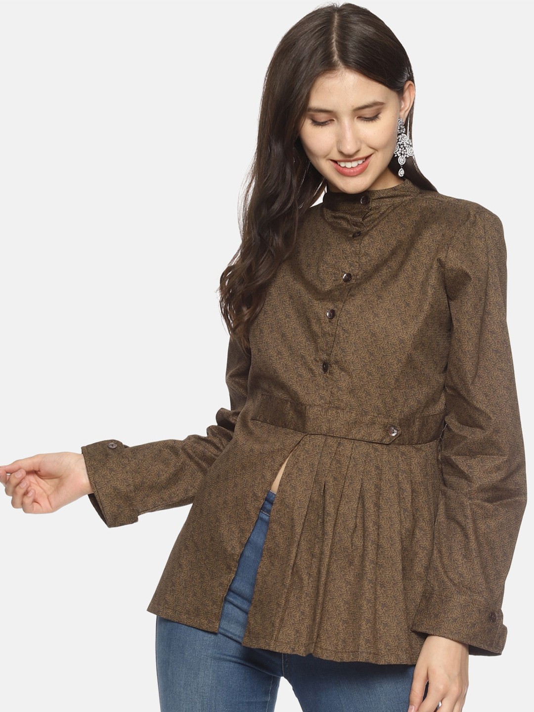 

COUPER & COLL Brown Print Mandarin Collar Top