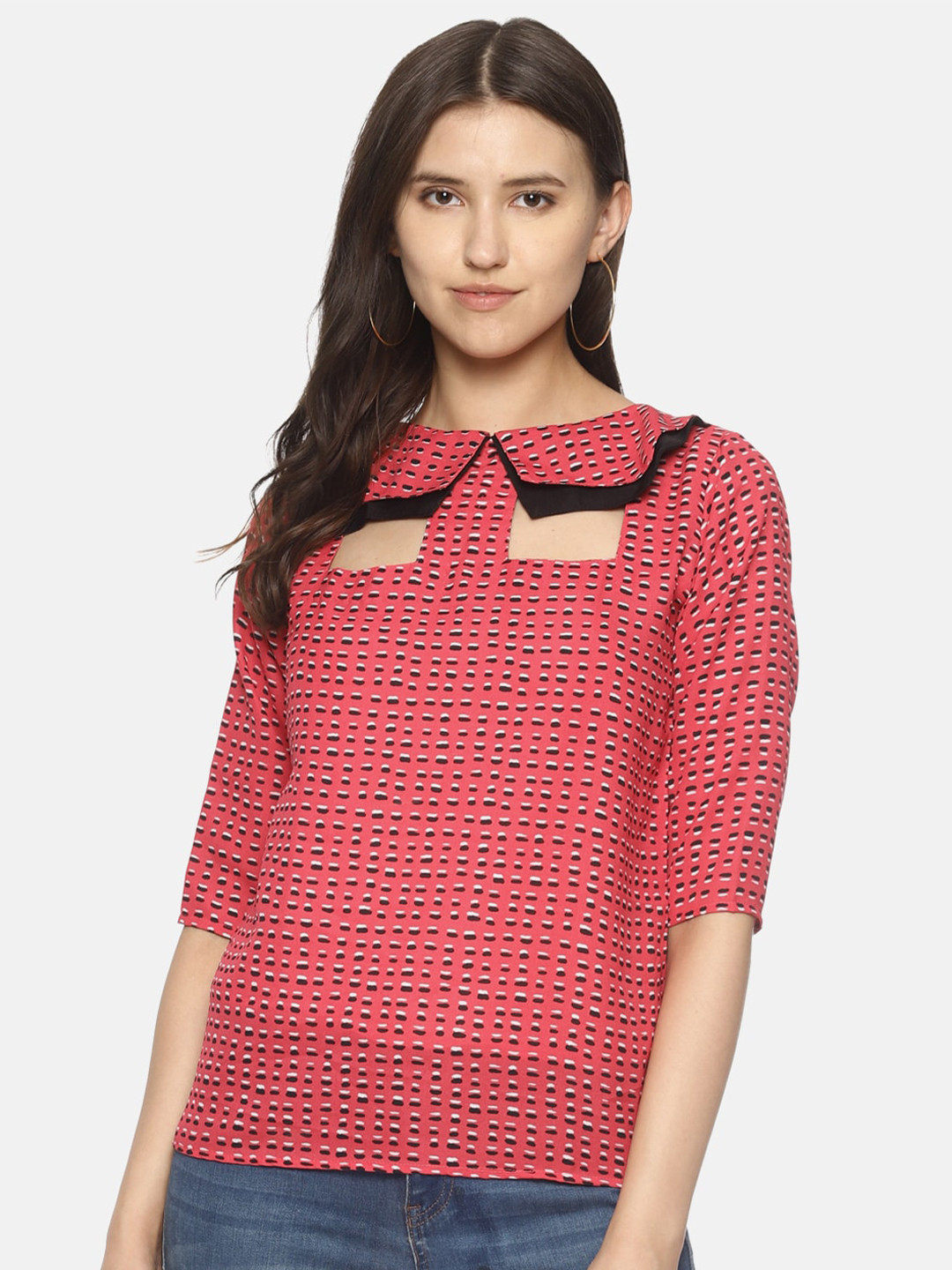 

COUPER & COLL Pink Geometric Printed Peter Pan Collar Crepe Top