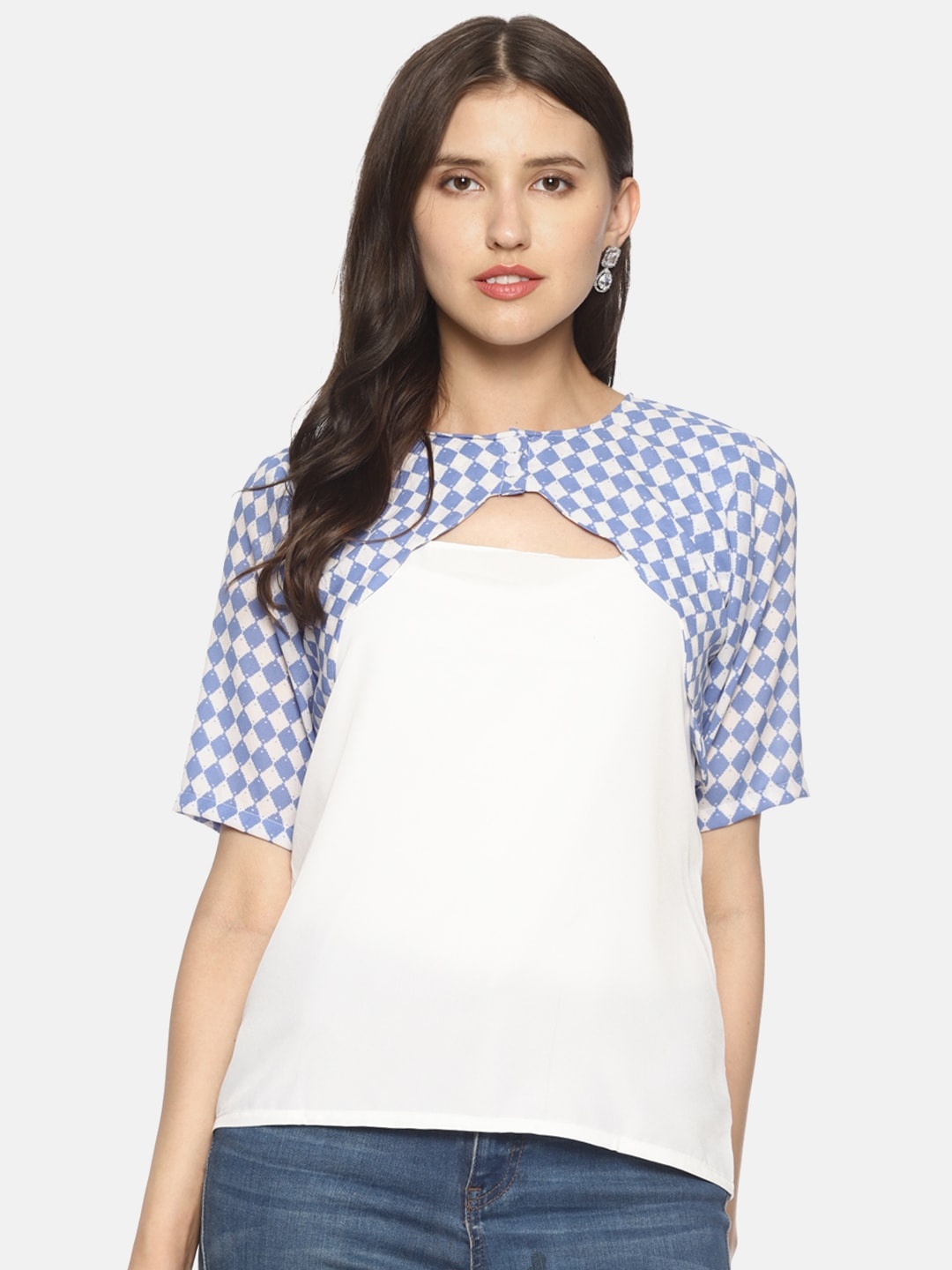 

COUPER & COLL Blue & White Geometric Crepe Top with Shrug