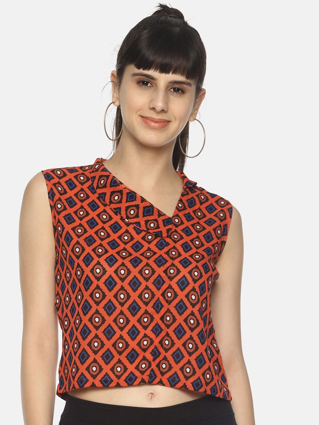 

COUPER & COLL Orange Geometric Print Crepe Crop Top