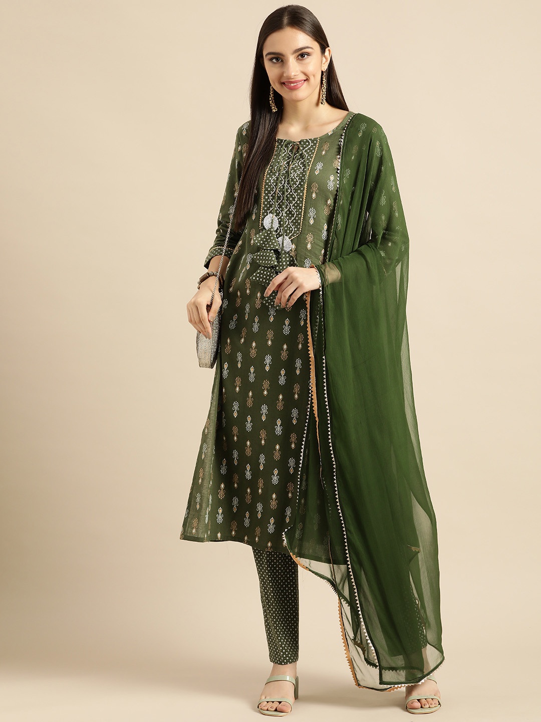 

Anouk Women Green & Golden Ethnic Printed Pure Cotton Kurta with Trousers & Dupatta