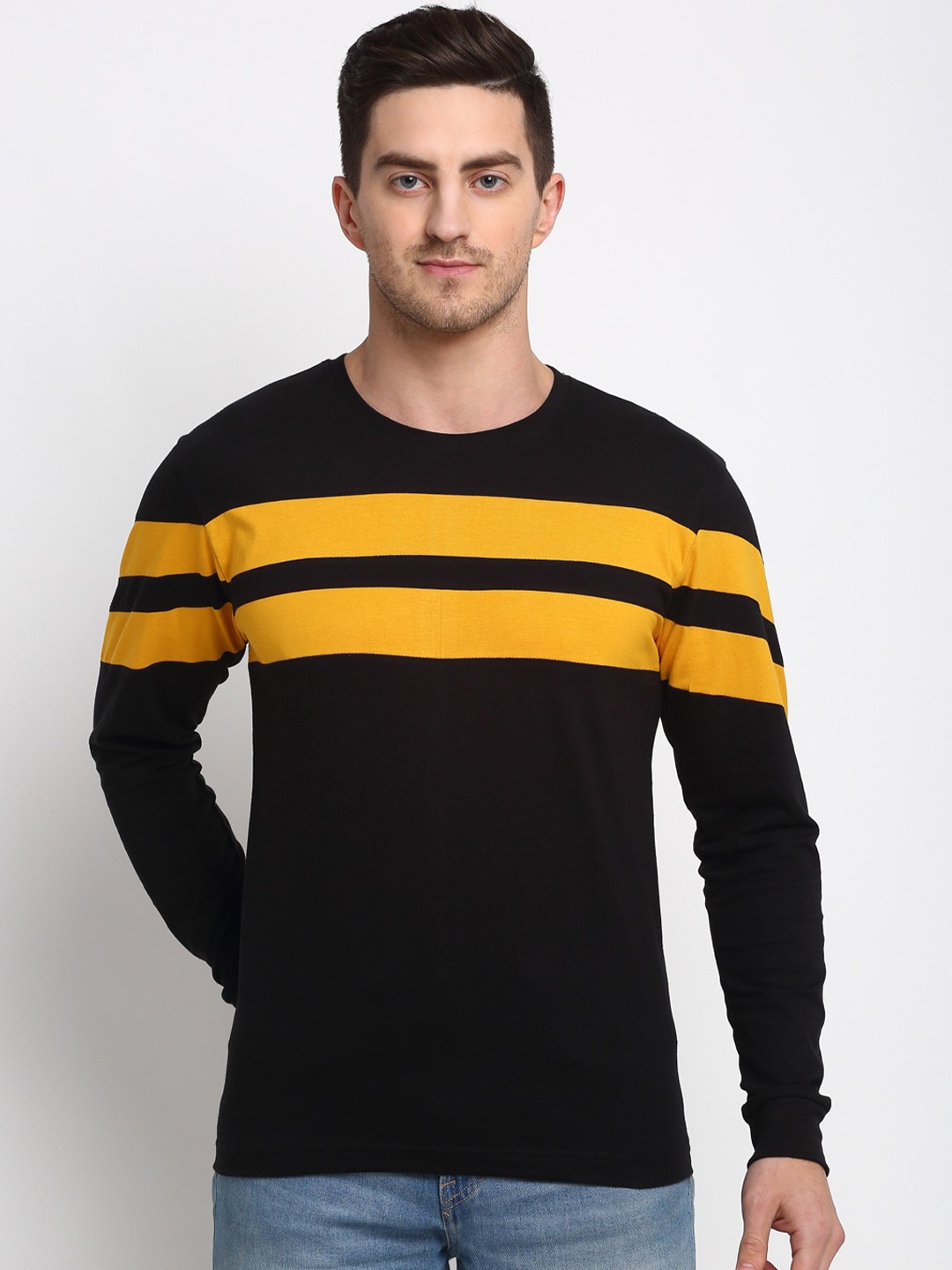 

Friskers Men Black Striped Applique T-shirt